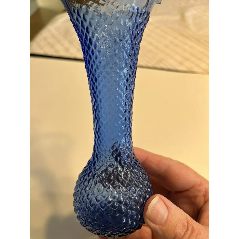 Blue Glass Diamond Cut, Ruffled Rim, Clear Footed Bud Vase Delicate